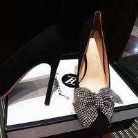 Black high-heeled shoes for women slim heel, pointed rhinestone, shallow bow, mid length single order shoes