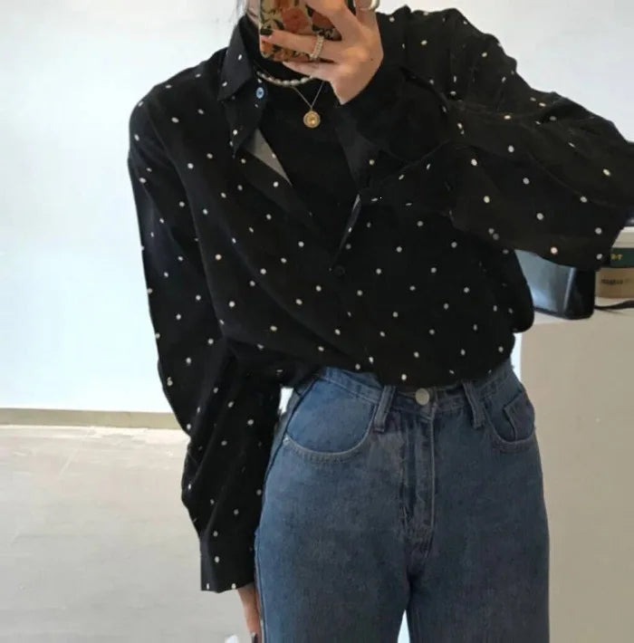 Chic Polka Dot Long Sleeve Shirt Women's Turn-down Collar French Style Simple Design Spring Summer New Arrival