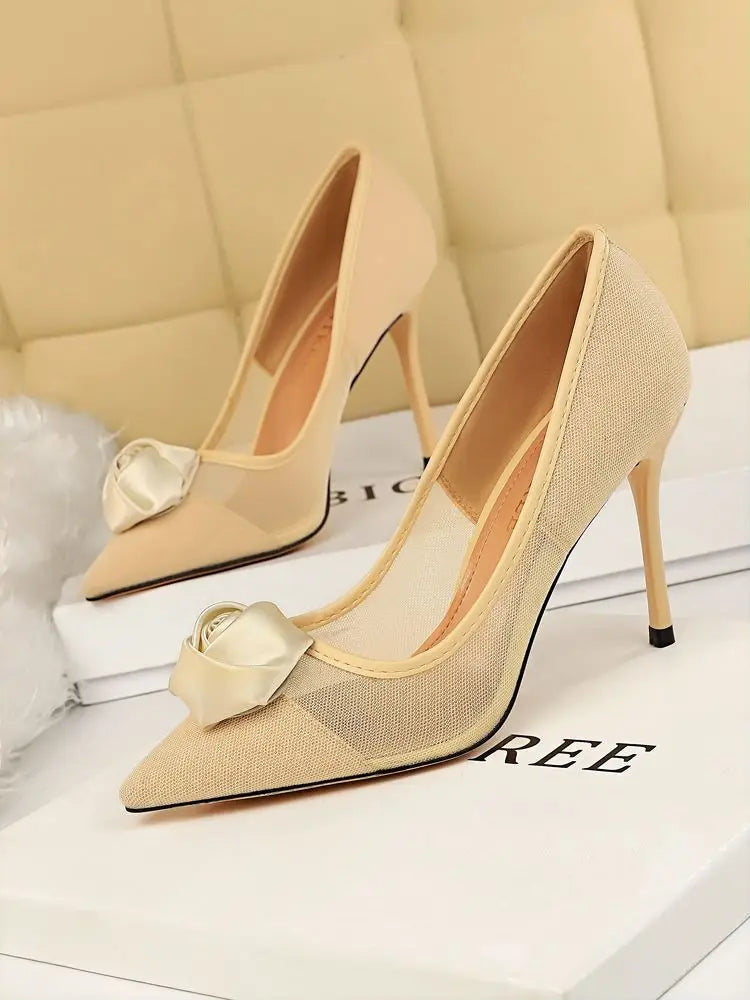 Women's Sexy Nightclub Pole Dancing Show Thin Heels High Mesh Hollowed Out Satin Rose Flower Woman Pumps