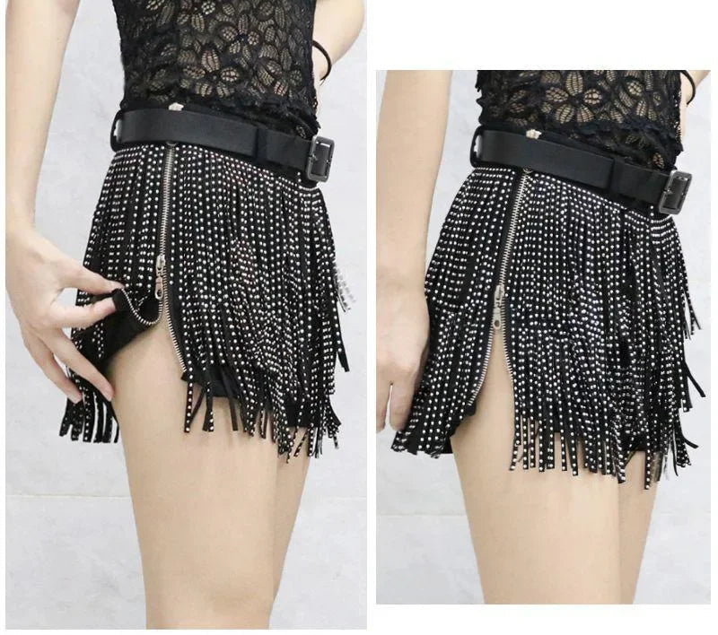 Tassel Short Shorts Women's Diamond Embellished Mid-Waist Dance Denim Hot Pants Outerwear Fashionable Korean Style Sexy