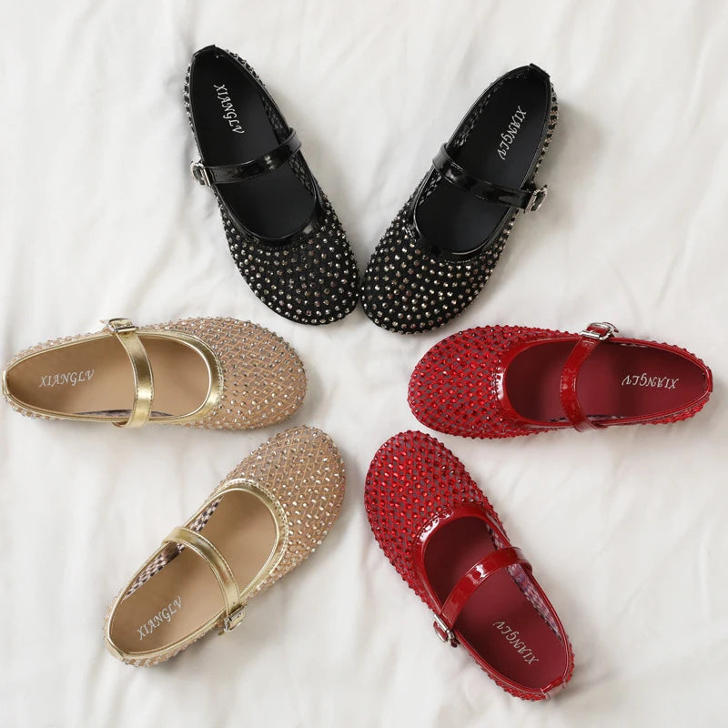 French-style rhinestone mesh Mary Jane shoes, breathable shallow single shoes, fairy-style soft-soled flat shoes