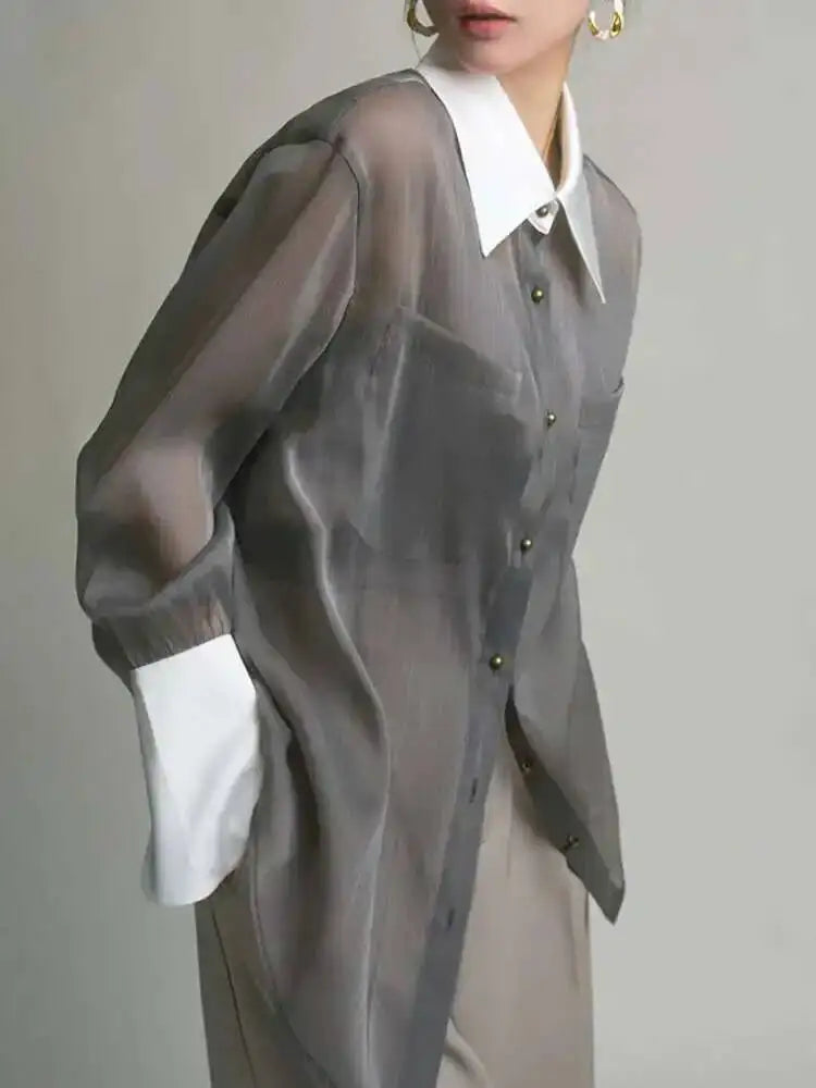 Sunscreen Shirt With Sling Top Women Lapel Single Breasted Long Sleeves Stitching Loose Clothes