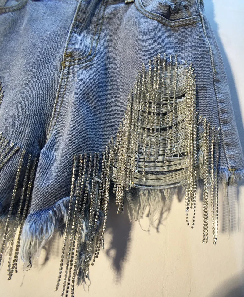 Denim Shorts Women Hole Ripped Jeans Tassels Diamonds Sexy Washed Distressed High Waist Streetwear Straight Short Pants