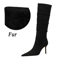 Fashion Pleated Pointed toe Knee-High Boots Thin Heels Women Ladies Shoes