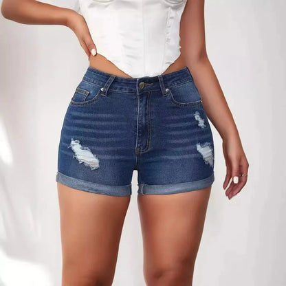 Summer A- Line Women's Denim Shorts High-Waisted Slimming Wide-Leg Rolled Edge Casual Style Blue Stretch Jeans