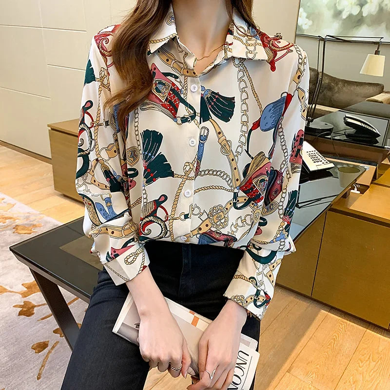 Fashion chain print ladies shirts Spring Women Blouses Long Sleeve Shirts Tops