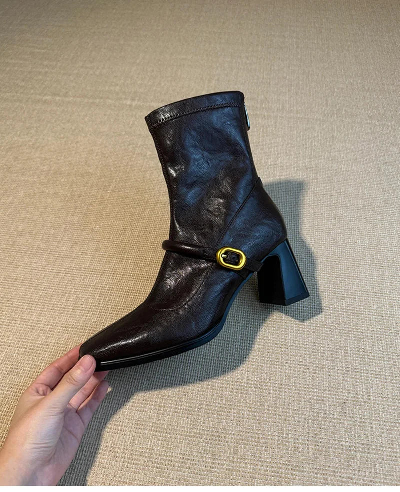 Thick Heel Elastic Slim Women Ankle Boots Fashion Square Toe Autumn Winter Ladies Elegant Mordern Short Booties