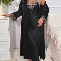 Contrast Lace  Long Sleeve Belted Robe V Neck Slip Dress Sexy Elegant Women Pajamas  Sets