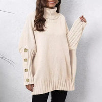 Loose Knitted High Collar Turn-down Collar Sweater for Women Full Sleeve Polyester Fiber Cross-Border Fashion Decorative Button