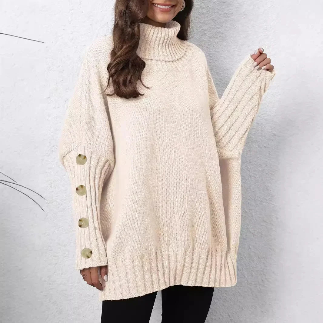 Loose Knitted High Collar Turn-down Collar Sweater for Women Full Sleeve Polyester Fiber Cross-Border Fashion Decorative Button