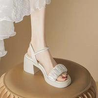 Women's Sandals Summer Fairy Style Thick Heel Waterproof Platform Wide Strap Casual Sweet round Toe PU Leather Rubber Sole