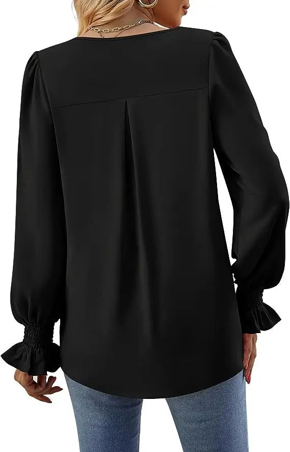 Fashion Simple Solid Color Pullover Shirt Women Loose V-neck Flared Sleeve Shirts Top Female Elegant Commuting Clothing