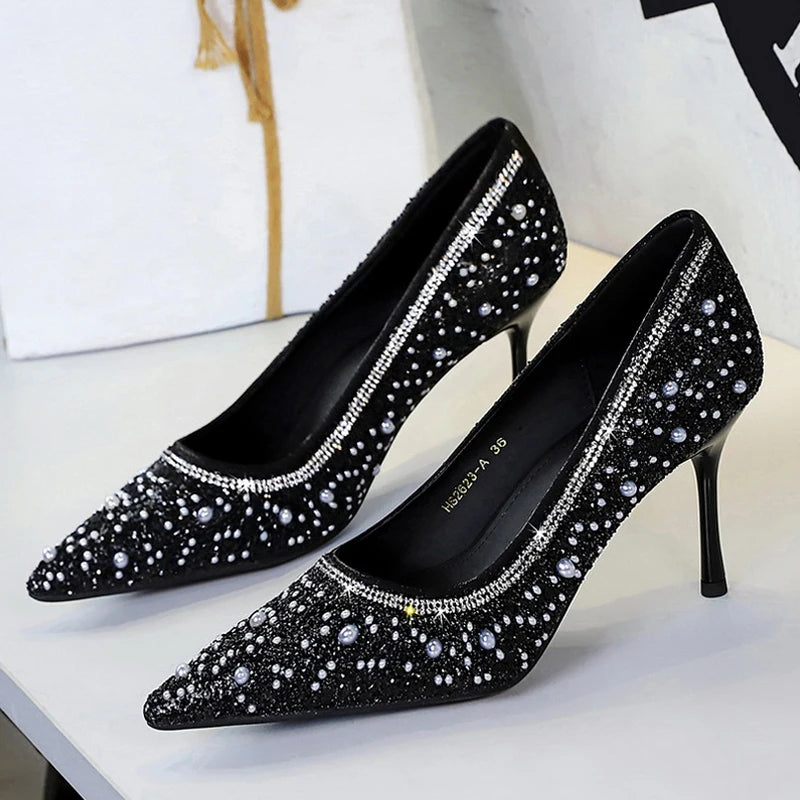 Fashion String Bead Women Pumps Elegant Ladies Thin Heels Wedding Dress Shoes - Natalia Home Fashion