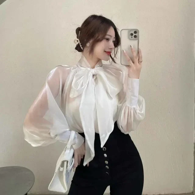 Style Shirt Female Bow Tie Collar Retro Bubble Long-Sleeved Elegant Blouse Women translucent