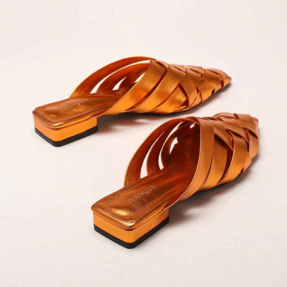 Hollow Woven Pointed Cool Slippers Women's Summer Thick Heel Outer Wear Bag Head Half Slippers Women Sandals