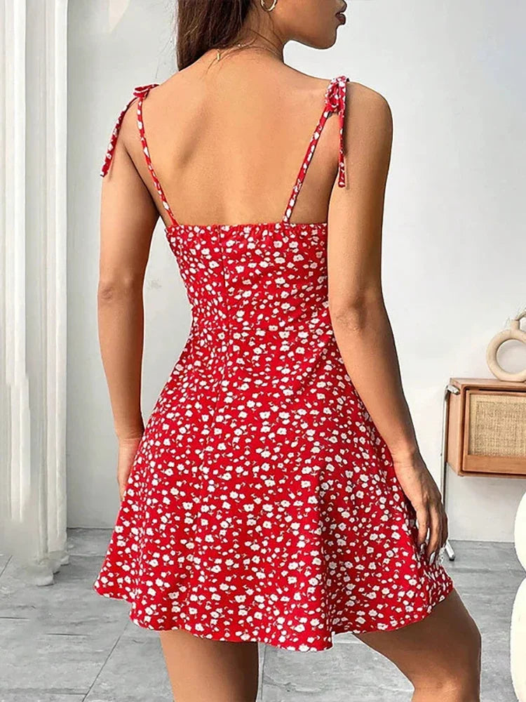 Women's Summer Floral Spaghetti Strap Beach Short Dress, Sweet Waist Floral A-line Mini Dress Loose Fit Casual Dress Natalia Home Fashion    Natalia Home Fashion