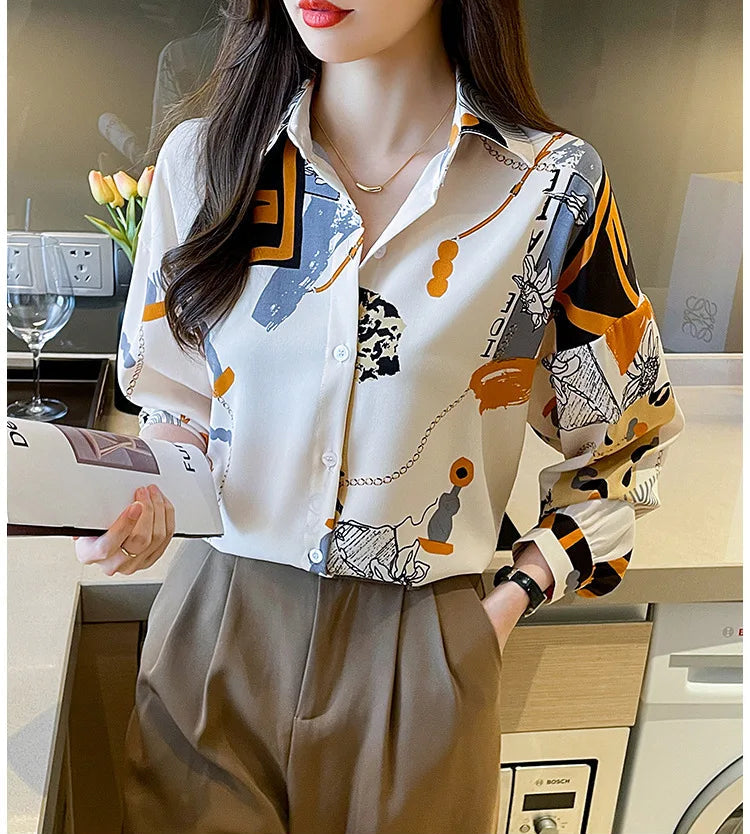 Spring Chiffon Shirt Women's Long-sleeved Printed Color Niche Chiffon