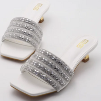 Low Heel Slippers Elegant Lady Square Toe Sandals Luxury Rhinestone High Heels Mules  Slip-on Women Shoes - Natalia Home Fashion