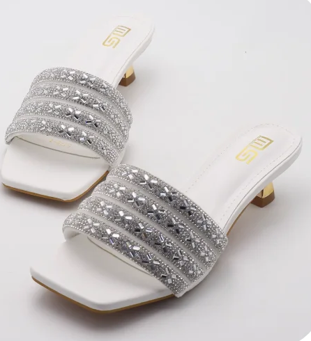 Low Heel Slippers Elegant Lady Square Toe Sandals Luxury Rhinestone High Heels Mules  Slip-on Women Shoes - Natalia Home Fashion