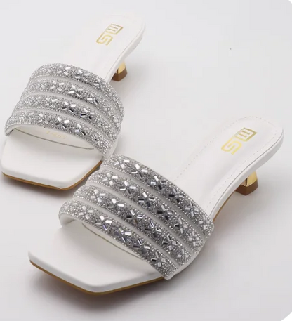 Low Heel Slippers Elegant Lady Square Toe Sandals Luxury Rhinestone High Heels Mules  Slip-on Women Shoes Natalia Home Fashion    Natalia Home Fashion