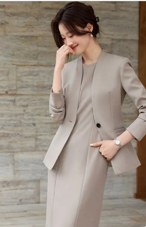Elegant Professional Suit Dress Two-Piece Set Workwear Beauty Salon Uniform Long Sleeve Formal Outfit Polyester Fiber