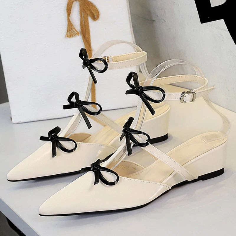 Fashion Butterfly knot Pumps Women's Slippers Fashion Pointed Toe Ankle Strap Wedges Heels Party Shoes