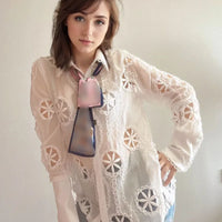 Mesh Hollow Out Women's Blouse Long Sleeve Embroidery Floral Women Shirts Button Up Woman Tops Streetwear Clothes