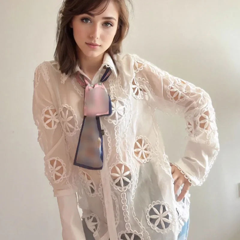 Mesh Hollow Out Women's Blouse Long Sleeve Embroidery Floral Women Shirts Button Up Woman Tops Streetwear Clothes