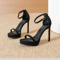 Brand Design Ankle Straps Women Sandals 11Cm Open Toe Platform Party Pumps Flock Leather High Heels