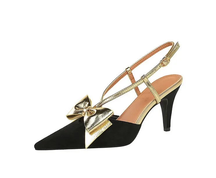 French Style Velvet Pointed Toe High Heels Hollow out Embroidery Butterfly Knot Party Shoes Women's Low Heel Single Shoes