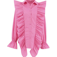 Ruffles Solid Women Shirt Pink Blue Lapel Female Top Elegant Fashion Single Breasted Flare Long Sleeve Lady Blouses