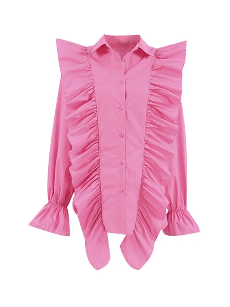 Ruffles Solid Women Shirt Pink Blue Lapel Female Top Elegant Fashion Single Breasted Flare Long Sleeve Lady Blouses