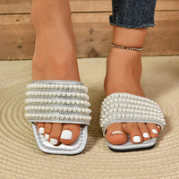 Women Luxury Pearl Slippers Square Toe Beach Flat Sandals Comfortable Non Slip Slippers  Slides Women