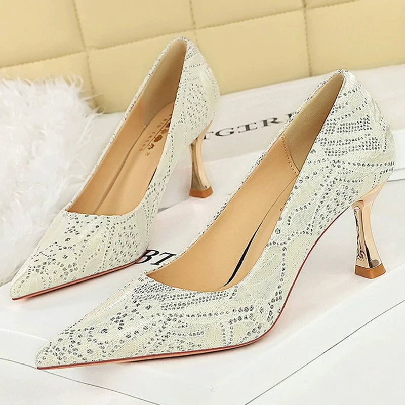 Shoes Lace glitter fabric women pumps Design Kitten heels Women shoes Female Occupation Office Shoes