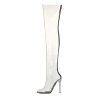 Sexy Transparent PVC High Heels Thigh Boots Pointed Toe Crystal Heels Women Clear Over The Knee Runway Stage Boots