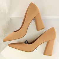 Summer Women 8.5cm High Heels Pumps Elegant Sweet Lady Wedding Block Square Middle Heels Flock Suede Nightclub Shoes