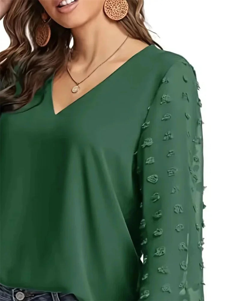 Nice Women Spring Summer Style Blouses Shirts Lady Casual V-Neck Long Lantern Sleeve Solid Color Blouse Tops Natalia Home Fashion    Natalia Home Fashion