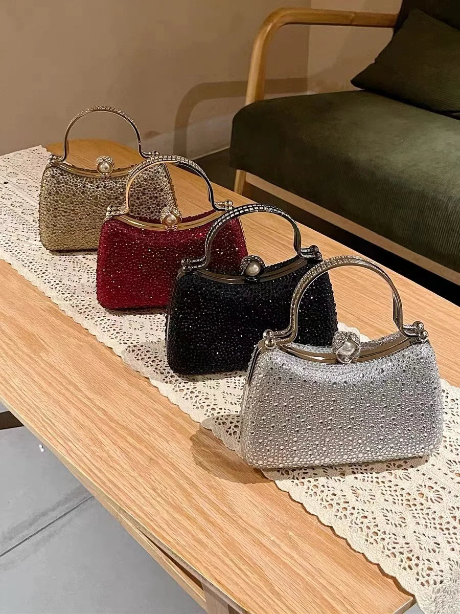 Glitter Shiny Diamonds Evening Bag Metal Handle Square Bag Fashion Women Handbag Wedding Party Clutch Purse Female