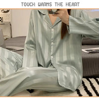 Striped Satin Pajamas Women Jacquard Loungewear Long Sleeve Trousers Two-Piece Set Solid Color Roll-Neck Cardigan Sleepwear