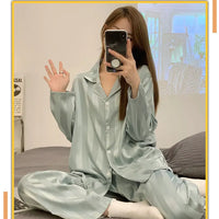 Striped Satin Pajamas Women Jacquard Loungewear Long Sleeve Trousers Two-Piece Set Solid Color Roll-Neck Cardigan Sleepwear