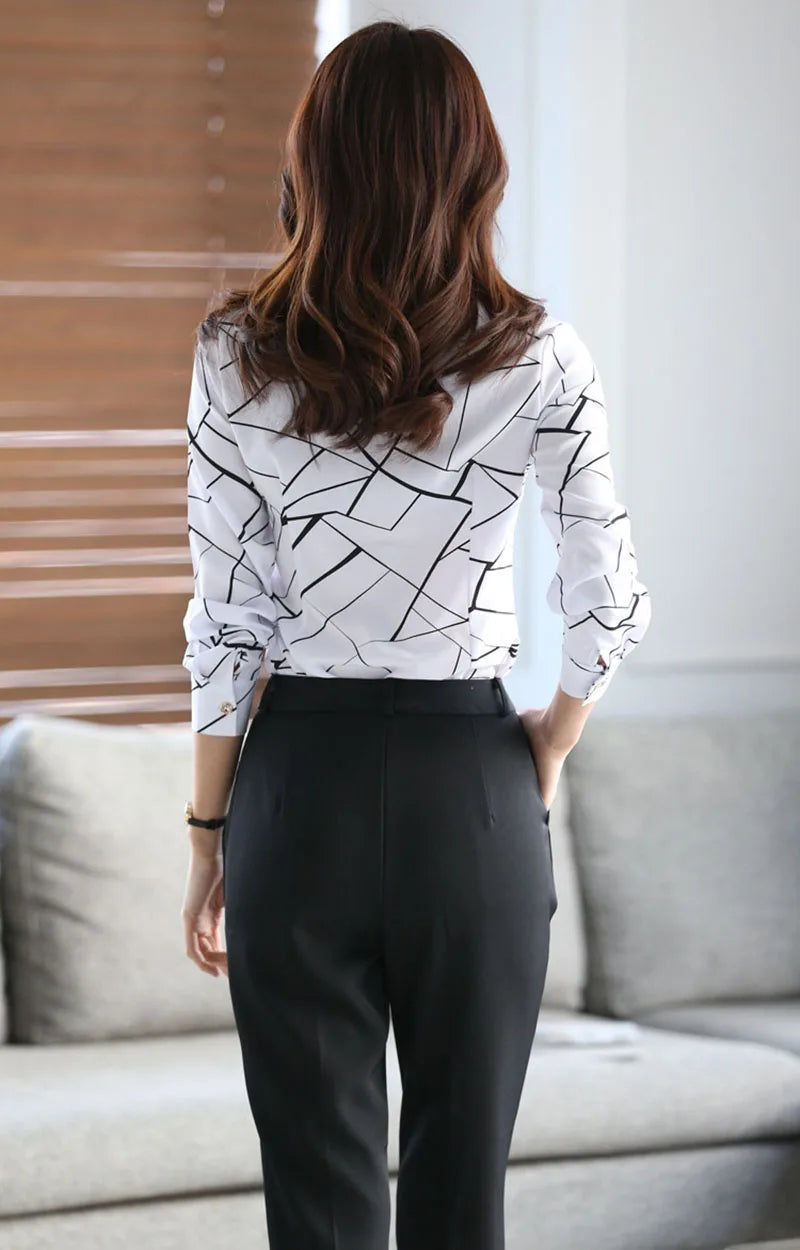 2025 New Women's White Striped Blouse Korean Slim Long Sleeve Printted Turn Down Collar Shirts Single-breasted Office Lady Shirt