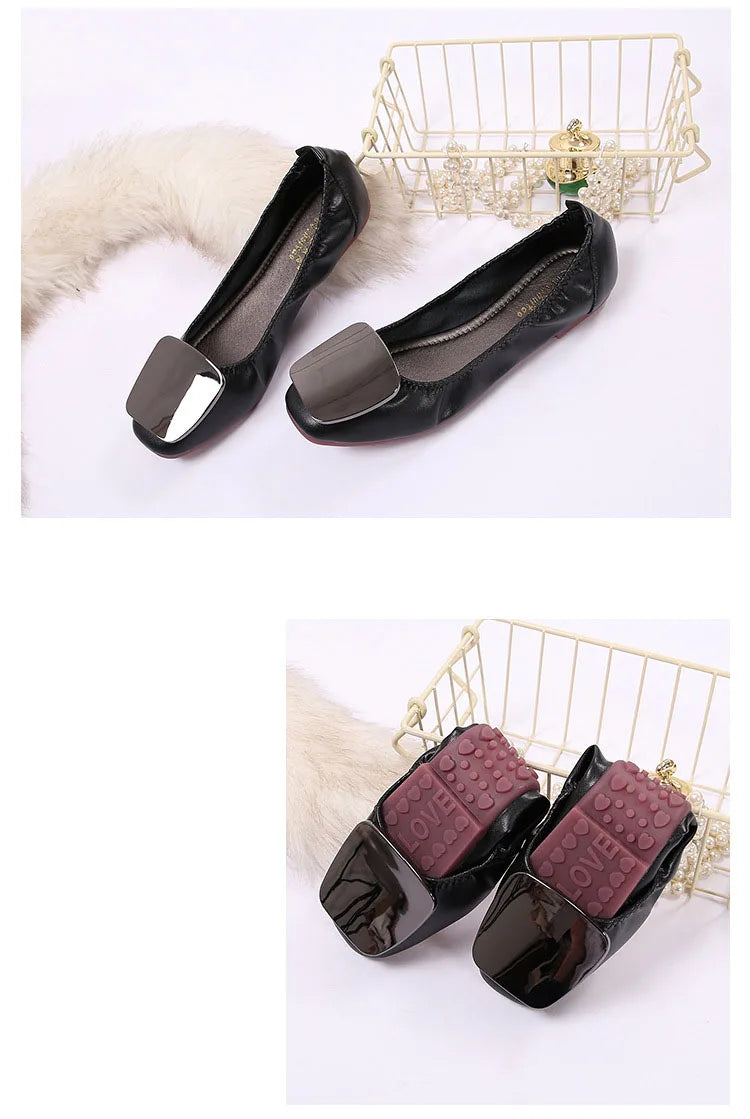 Light Metal buckle roll-up flats ladies shoes cozy moccasins sequined cloth foldable ballet flats