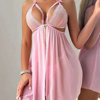 Sexy Transparent Dress Lace Mesh Backless Deep V Suspenders Sleeveless Dress Solid Color Charming Elegant Pure Desire Sweet