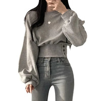 Chic Winter Niche Design Sensibility Round Neck Waist-Fitted Slimming Long Sleeve Cropped Pullover Sweatshirt Top For Women