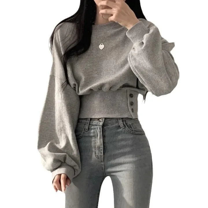 Chic Winter Niche Design Sensibility Round Neck Waist-Fitted Slimming Long Sleeve Cropped Pullover Sweatshirt Top For Women
