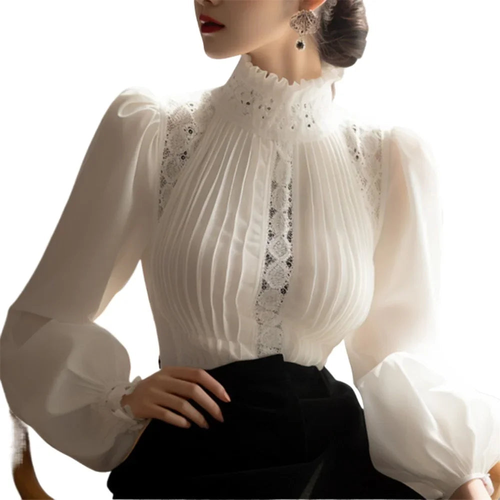 Spring Ladies Patchwork Lace Hollow Out Long Sleeve Shirt Tops 2024 New Korean Fashion Women's Solid Color Stand Collar Blouses Natalia Home Fashion    Natalia Home Fashion