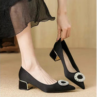 Soft Leather Black Pointed Toe Work Shoes Spring Autumn New Style Comfortable Thick Heel Professional Soft Bottom Shoes