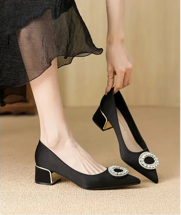 Soft Leather Black Pointed Toe Work Shoes Spring Autumn New Style Comfortable Thick Heel Professional Soft Bottom Shoes