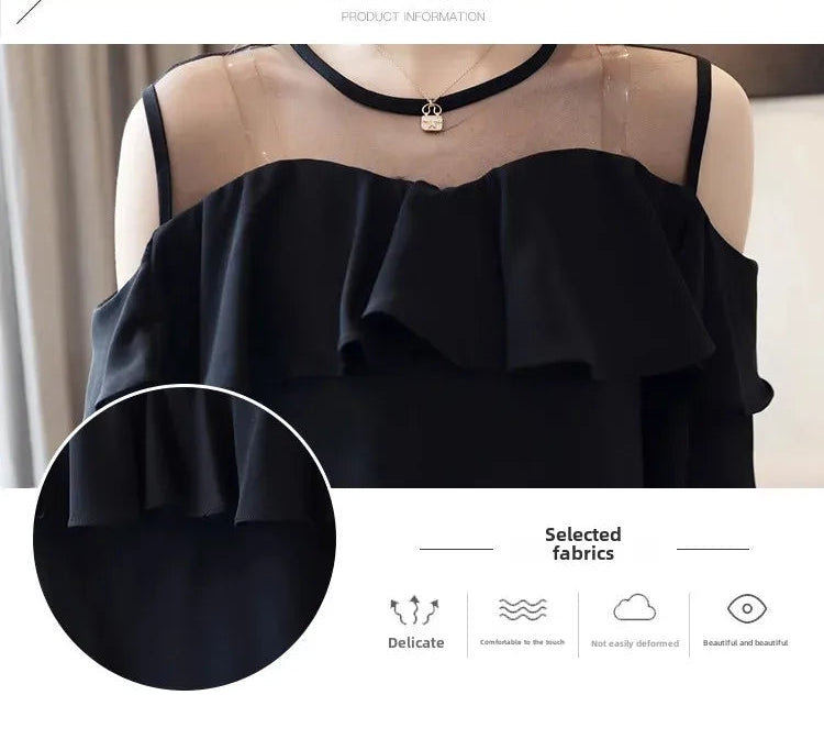 Loose Women's Chiffon Shirt round Neck Pure Color Mesh Five Sleeve Transparent Top Fashionable Small Shirt