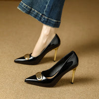 French Style Single Shoes Spring Women Pumps New Pointed Toe Shallow Mouth Metallic Buckle Commuting Shoes Stiletto Single Shoes